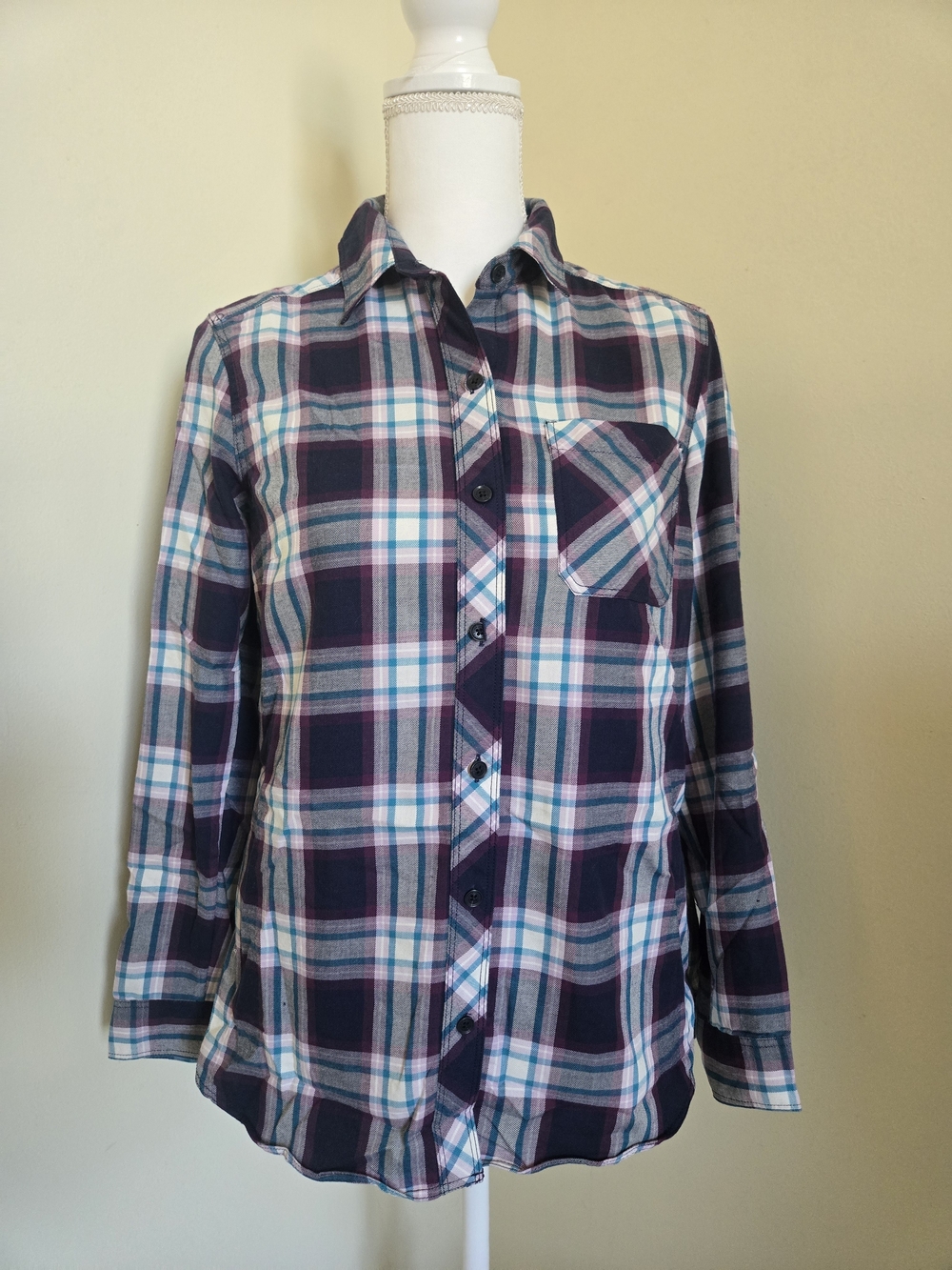 Eddie Bauer Plaid Button-Down Shirt in Navy, Teal, Purple and White